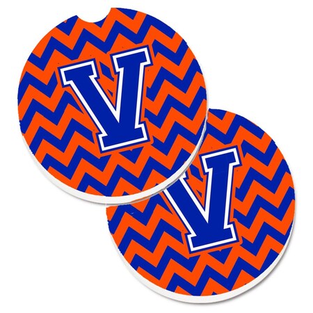 Carolines Treasures Letter V Chevron Orange and Blue Set of 2 Cup Holder Car Coaster CJ1044-VCARC